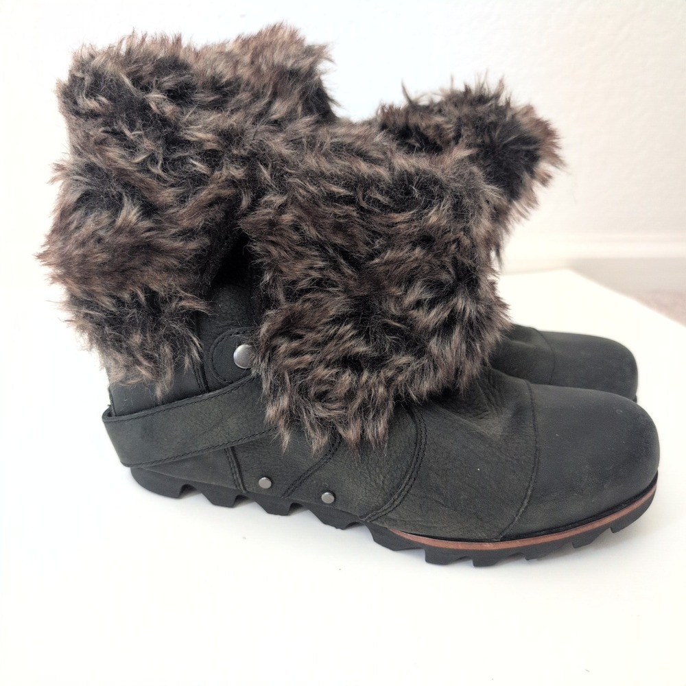 Sorel Joan of Arctic Wedge Ankle Boots Gray Leather Faux Fur Womens 8.5 Winter